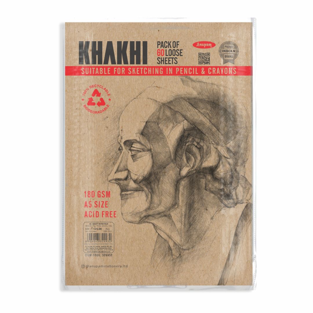 Anupam Khakhi Kraft Sketching Paper A5 180 GSM Rough Texture, Polypack of 15 Sheets