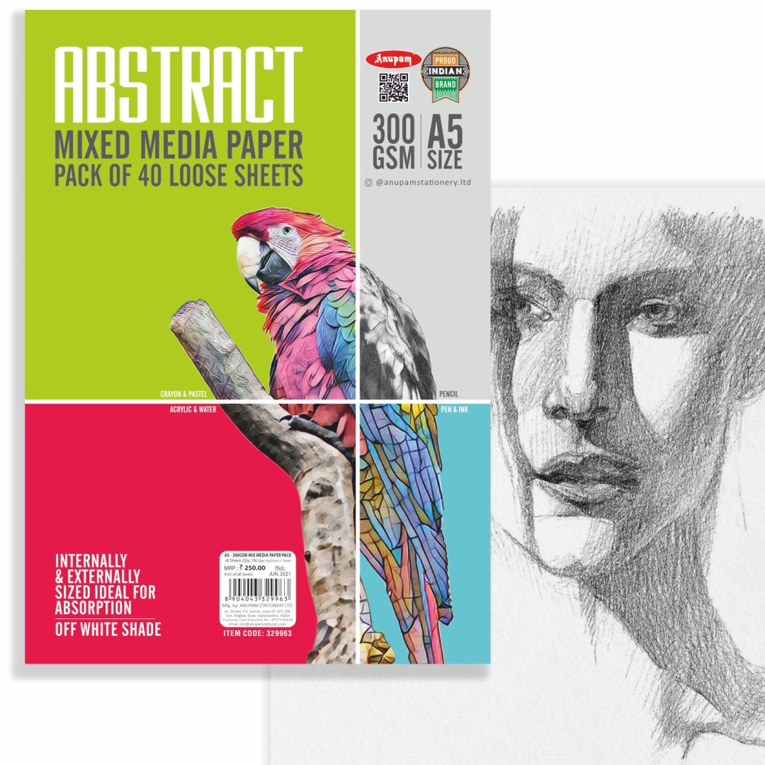 Anupam Abstract Professional Mix Media Paper A5 300 GSM, Cold Press, Polypack of 40 Sheets