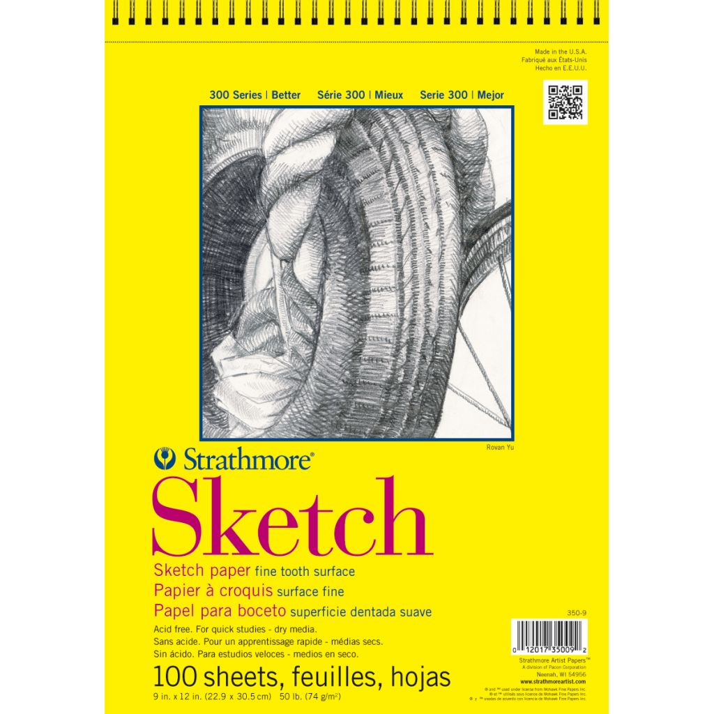 Strathmore 300 Series Sketch 9''x12'' White Fine tooth 74 GSM Paper, Short-Side Spiral Bound Album of 100 Sheets