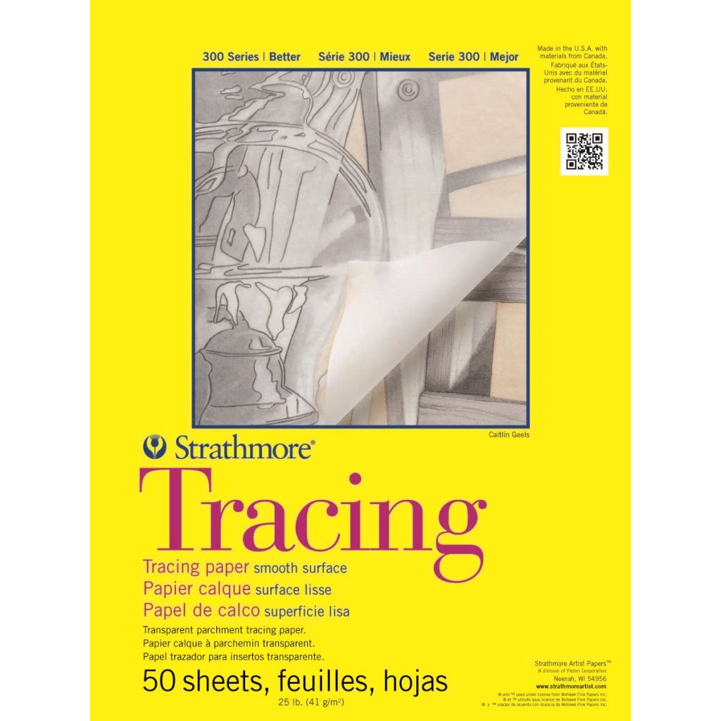 Strathmore 300 Series Tracing Pad 11''x14'' Transparent White Smooth 41 GSM Paper, Short-Side Tape Bound Pad of 50 Sheets