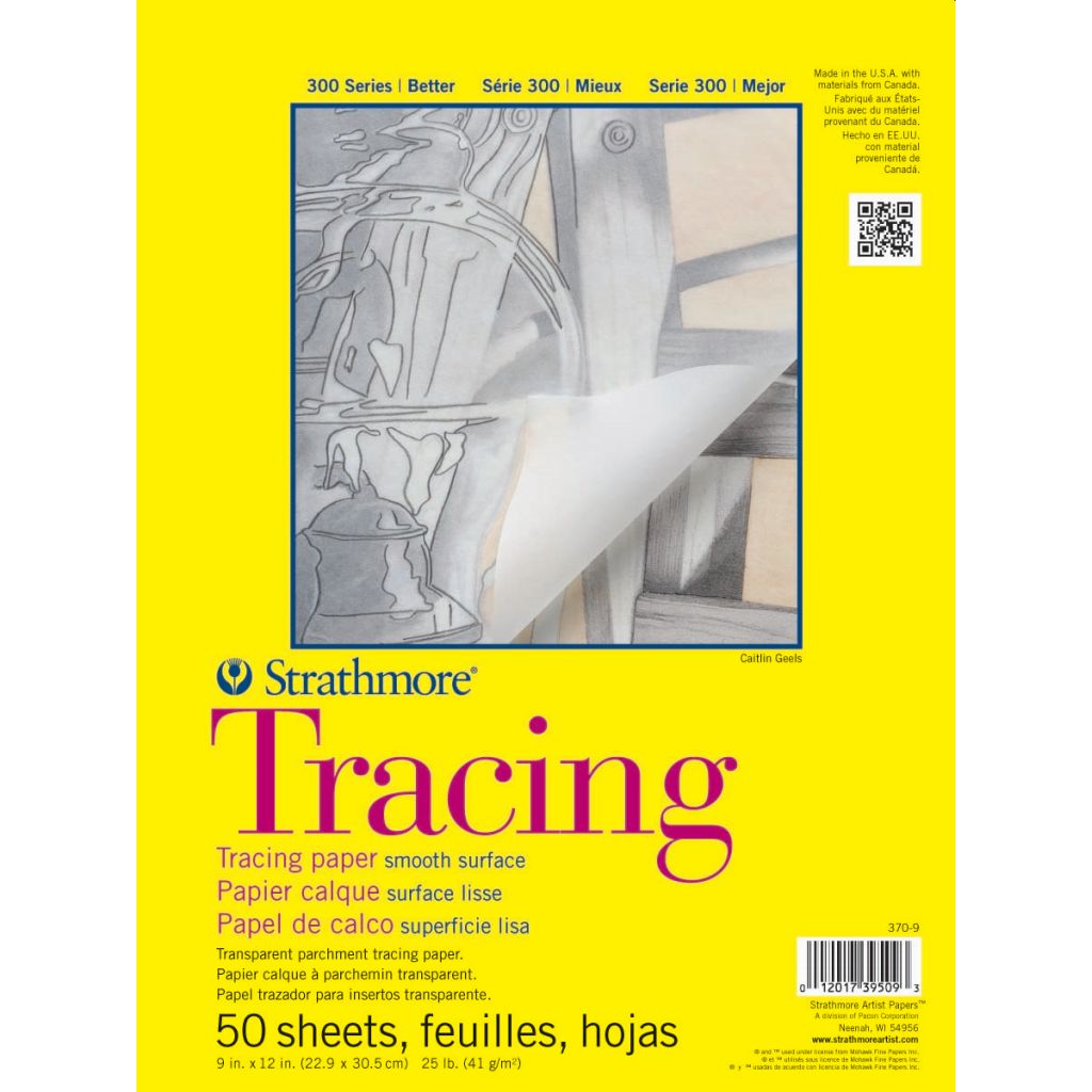 Strathmore 300 Series Tracing Pad 9''x12'' Transparent White Smooth 41 GSM Paper, Short-Side Tape Bound Pad of 50 Sheets