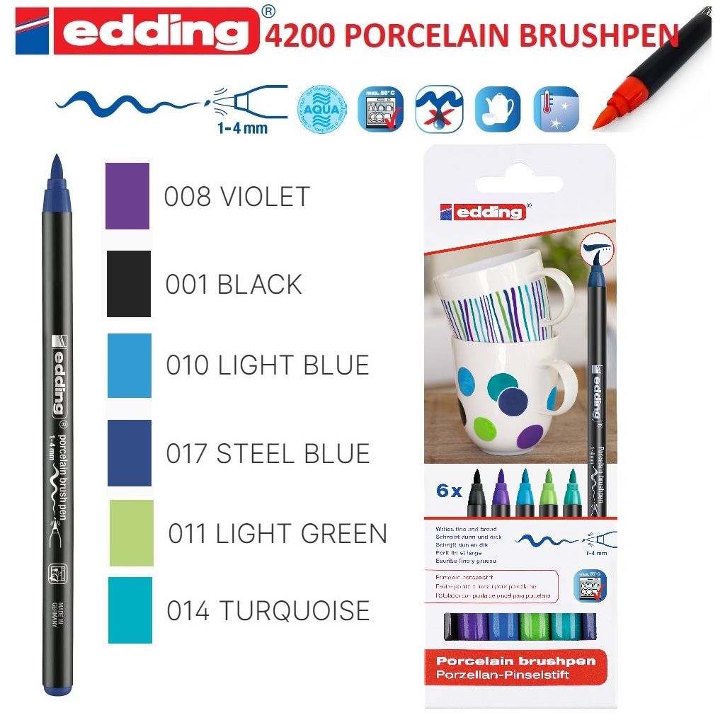 Edding Porcelain Brush Pen (1 - 4 MM) - Set of 6 - Cool Colours