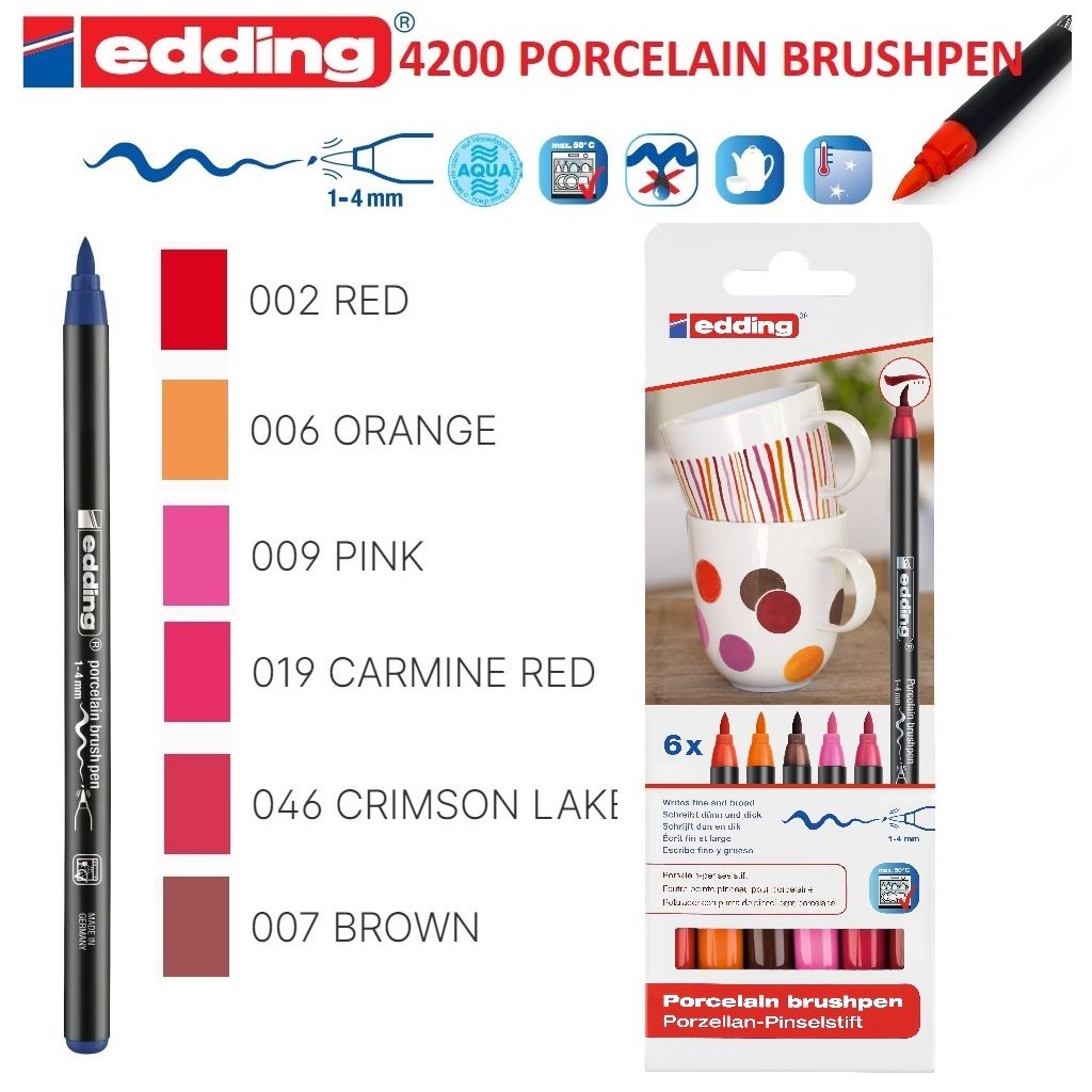 Edding Porcelain Brush Pen (1 - 4 MM) - Set of 6 - Warm Colours