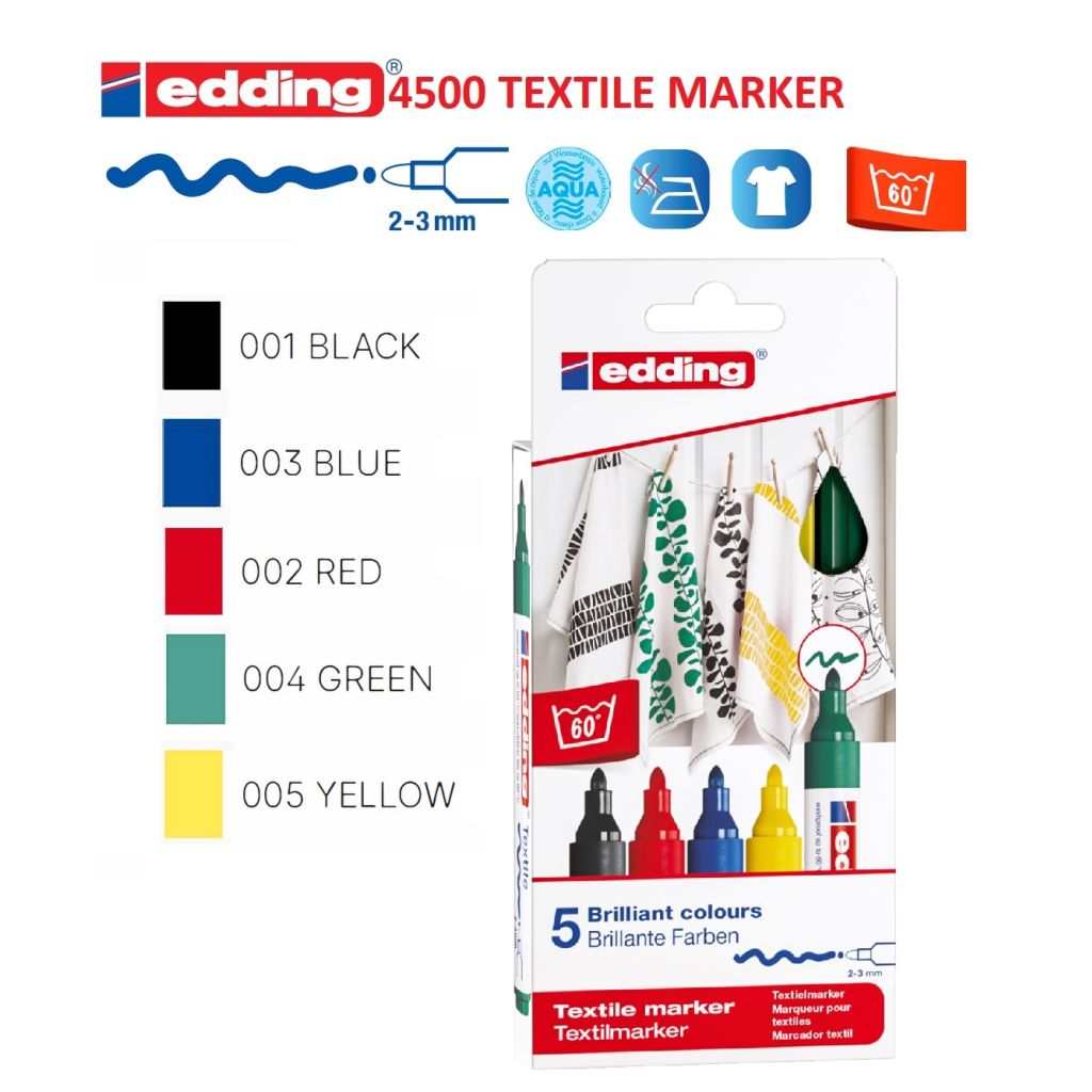 Edding Textile Marker (2 - 3 MM) - Set of 5 - Basic Colours