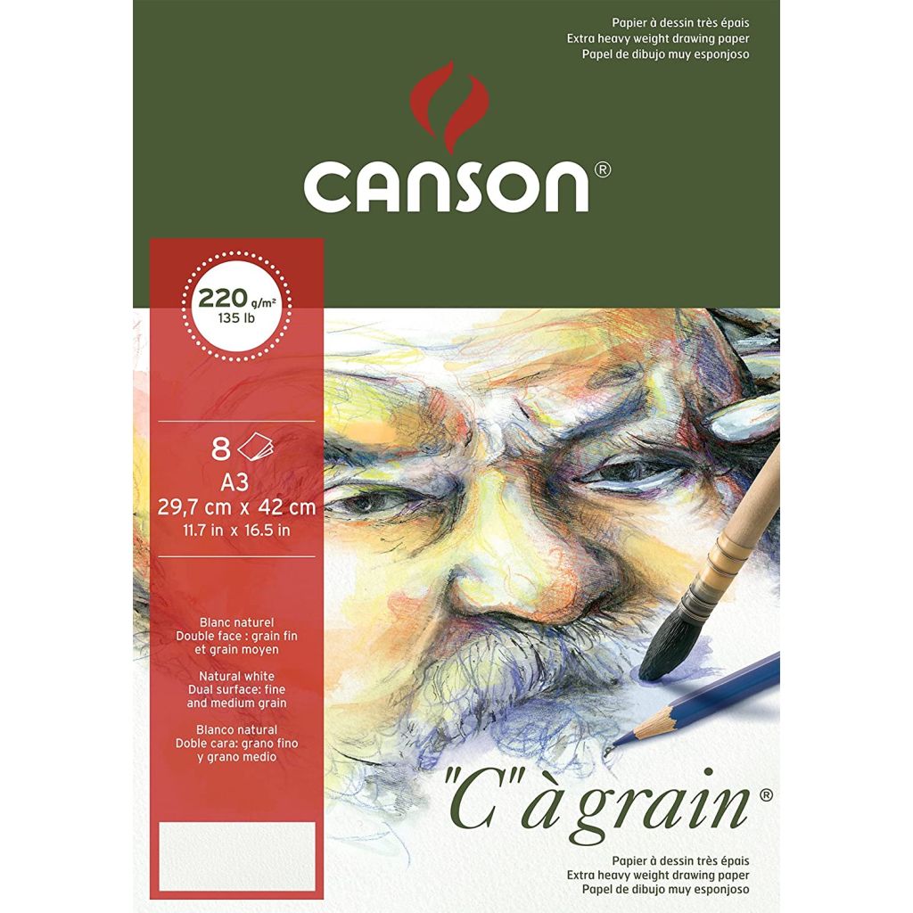 Canson C a' Grain Heavyweight Drawing Paper - Fine Grain 220 GSM A3 Art Folder - 8 Sheets