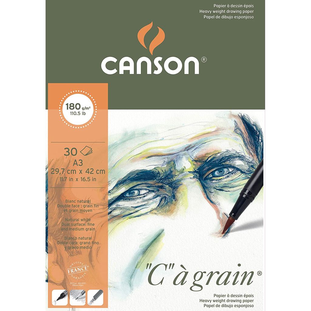 Canson C a' Grain Heavyweight Drawing Paper - Fine Grain 180 GSM A3 Pad - 30 Sheets