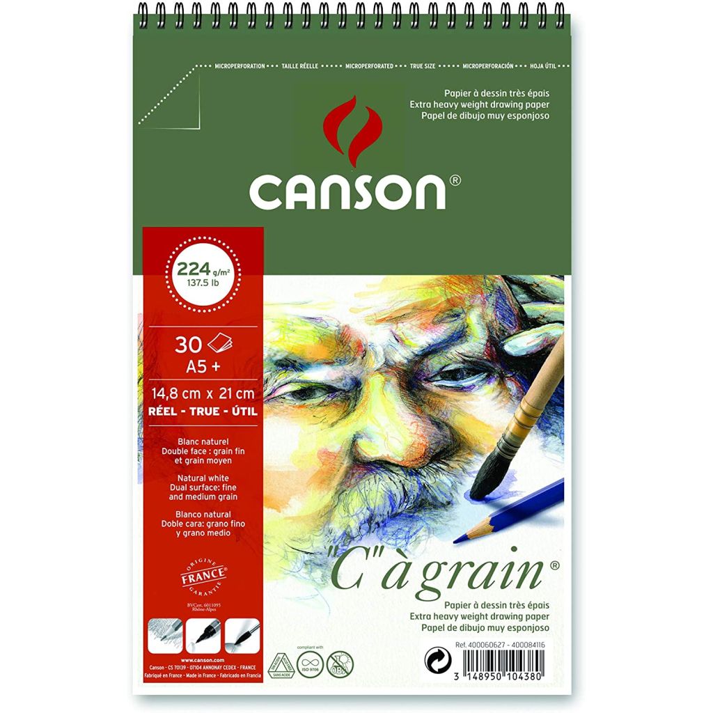 Canson C a' Grain Heavyweight Drawing Paper - Fine Grain 224 GSM A5+ Spiral Pad - 30 Sheets