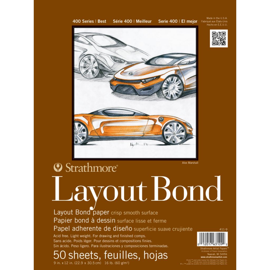 Strathmore 400 Series Layout Bond 9'' x 12'' Semi-Transparent/ Off White Crisp Smooth  60 GSM Short Side Glue Pad of 50 Sheets