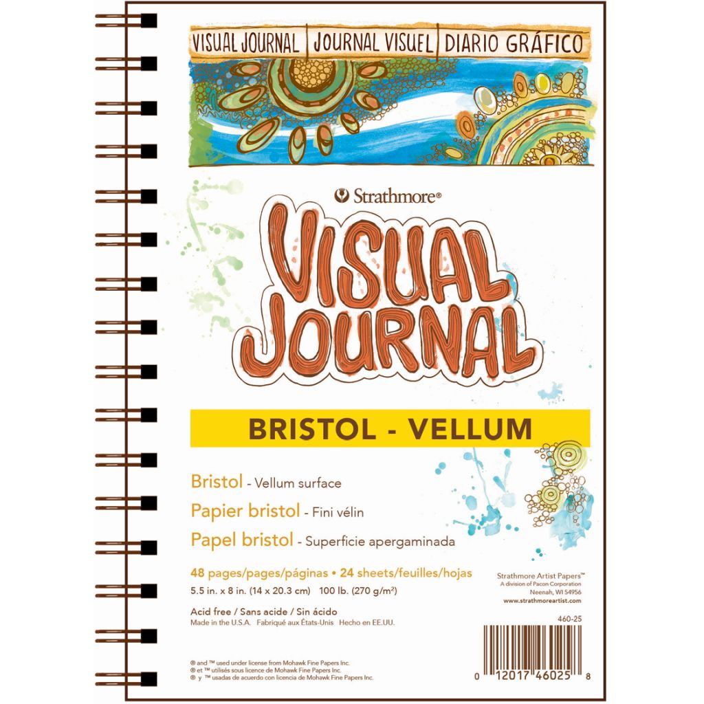 Strathmore 300 Series Visual Journal - Bristol Vellum - 5.5''x8'' - Extra White - Vellum - 270 GSM Paper, Long-Side Spiral Bound - 24 Sheets