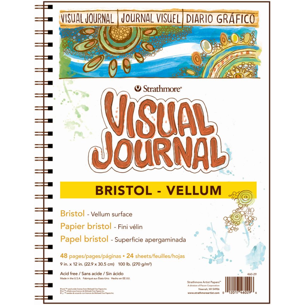 Strathmore 300 Series Visual Journal - Bristol Vellum - 9''x12'' - Extra White - Vellum - 270 GSM Paper, Long-Side Spiral Bound - 24 Sheets