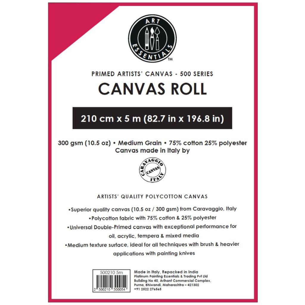 Art Essentials Primed Artists' Polycotton Canvas Roll - 500 Series - Medium Grain - 300 GSM / 10.5 Oz - 210 cm by 5 Metres OR 82.68'' by 16.4 Feet