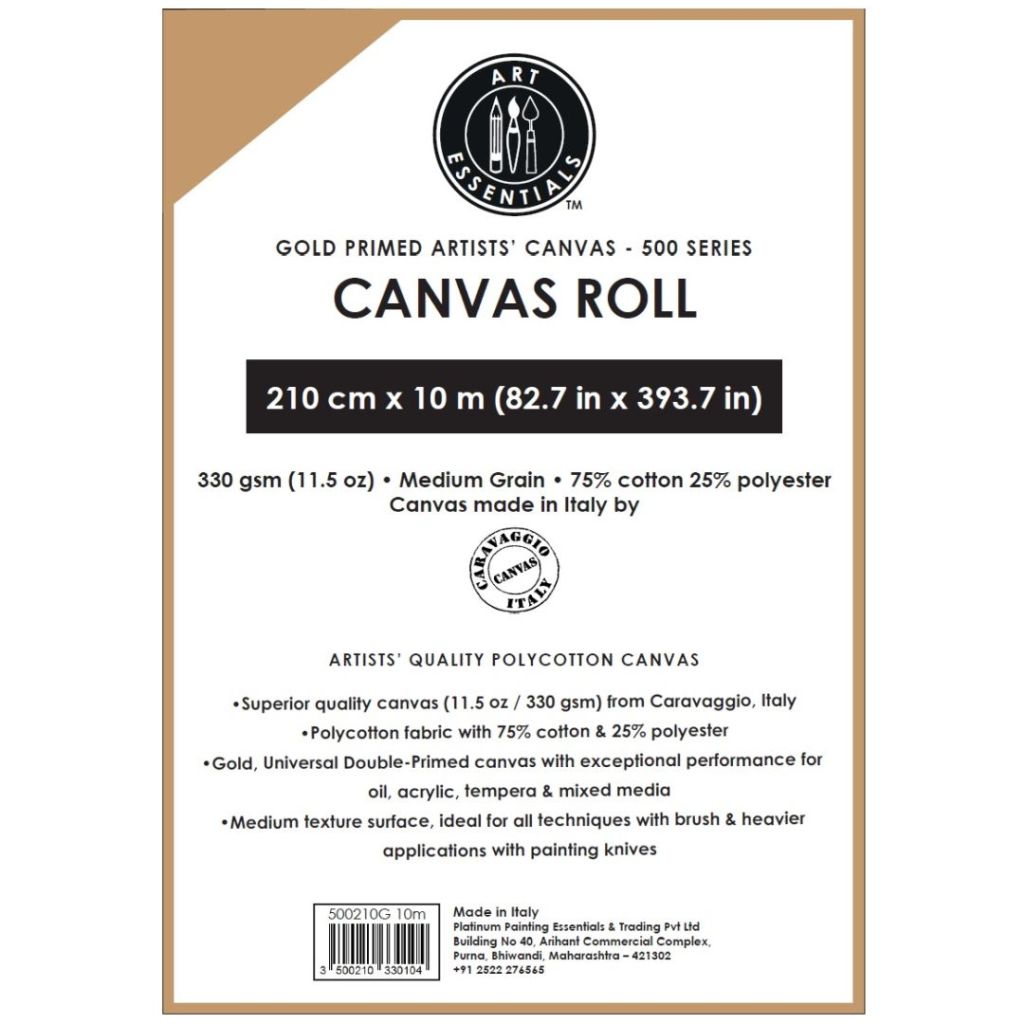 Art Essentials Gold Primed Artists' Polycotton Canvas Roll - 500 Series - Medium Grain - 330 GSM / 11.5 Oz - 210 cm by 10 Metres OR 82.68'' by 32.8 Feet