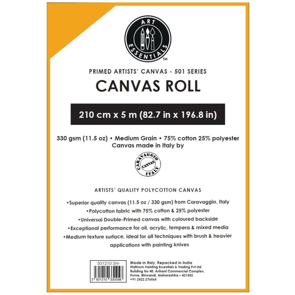 Art Essentials Primed Artists' Polycotton Canvas Roll - 501 Series - Medium Grain - 330 GSM / 11.5 Oz - 210 cm by 5 Metres OR 82.68'' by 16.4 Feet