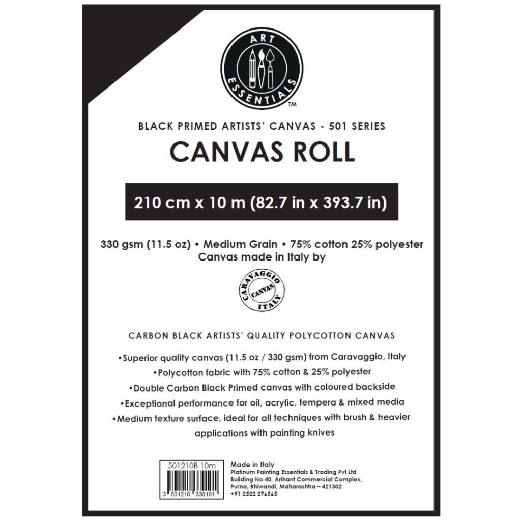 Art Essentials Black Primed Artists' Polycotton Canvas Roll - 501 Series - Medium Grain - 330 GSM / 11.5 Oz - 210 cm by 10 Metres OR 82.68'' by 32.8 Feet