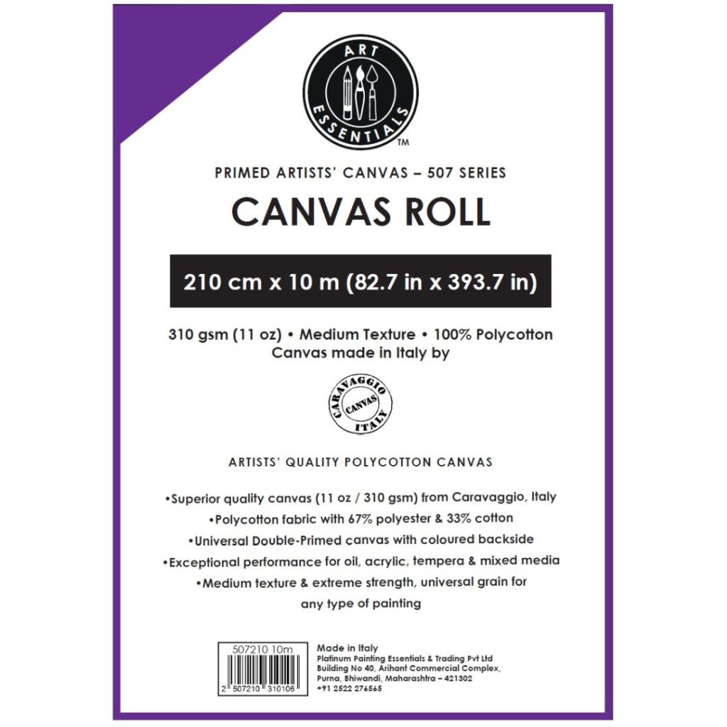 Art Essentials Primed Artists' Polycotton Canvas Roll - 507 Series - Medium Grain - 310 GSM / 11 Oz - 210 cm by 10 Metres OR 82.68'' by 32.8 Feet