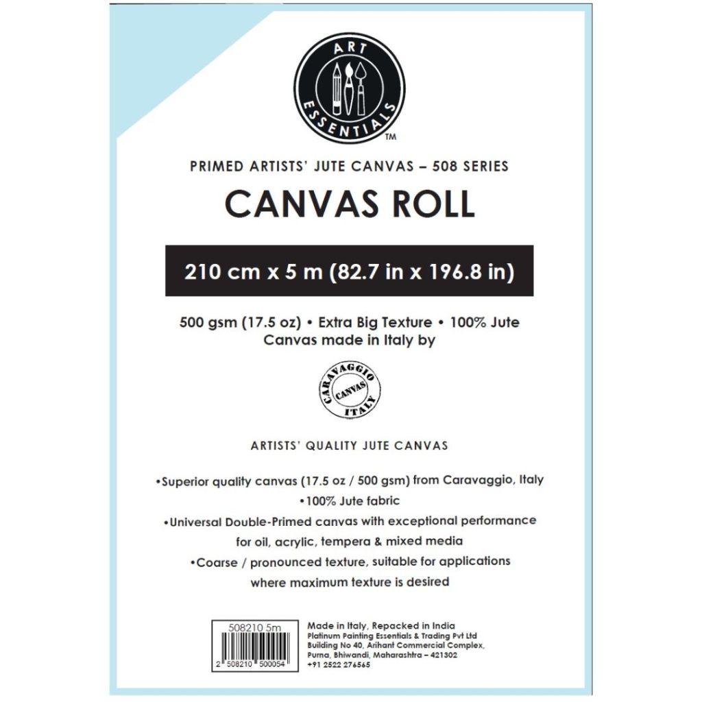 Art Essentials Primed Artists' Jute Canvas Roll - 508 Series - Extra Big Grain - 500 GSM / 17.5 Oz - 210 cm by 5 Metres OR 82.68'' by 16.4 Feet