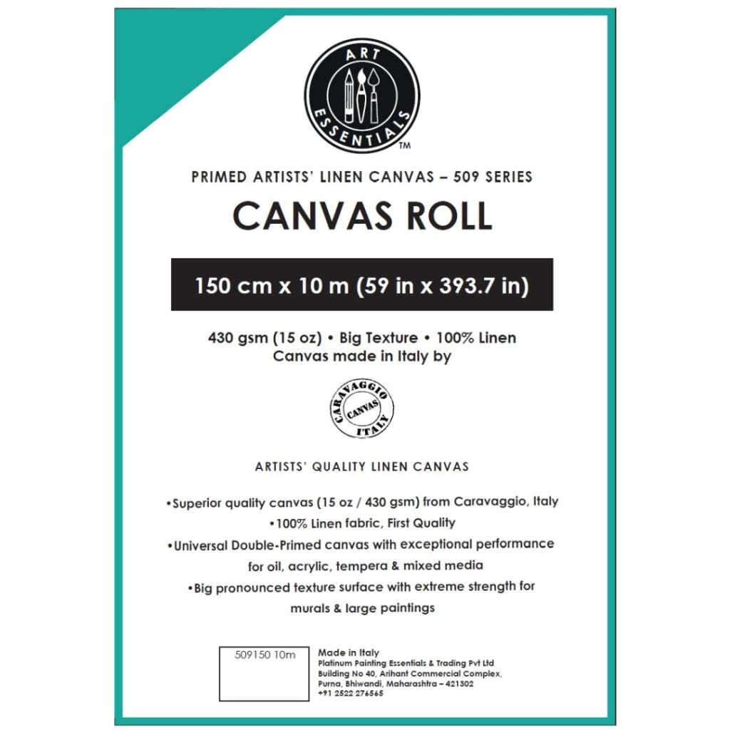 Art Essentials Primed Artists' Linen Canvas Roll - 509 Series - Medium Grain - 430 GSM / 15 Oz - 150 cm by 10 Metres OR 59.06'' by 32.8 Feet