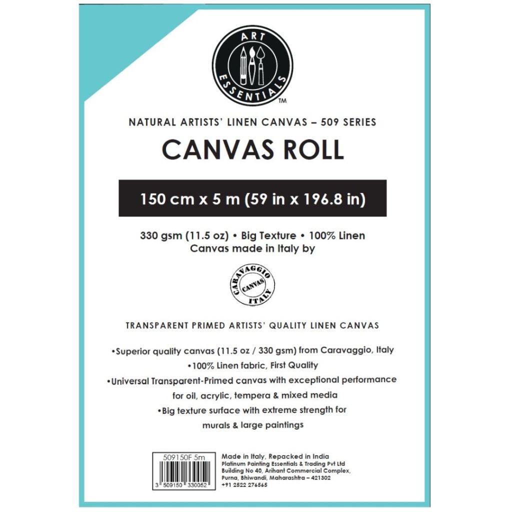 Art Essentials Natural Artists' Linen Canvas Roll - 509 Series - Medium Grain - 330 GSM / 11.5 Oz - 150 cm by 5 Metres OR 59.06'' by 16.4 Feet