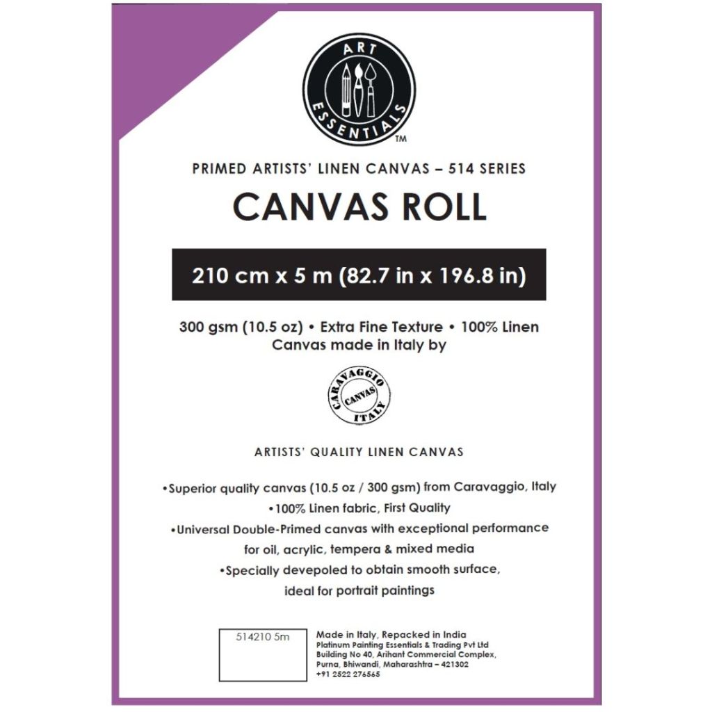 Art Essentials Primed Artists' Linen Canvas Roll - 514 Series - Extrafine Grain - 300 GSM / 10.5 Oz - 210 cm by 5 Metres OR 82.68'' by 16.4 Feet