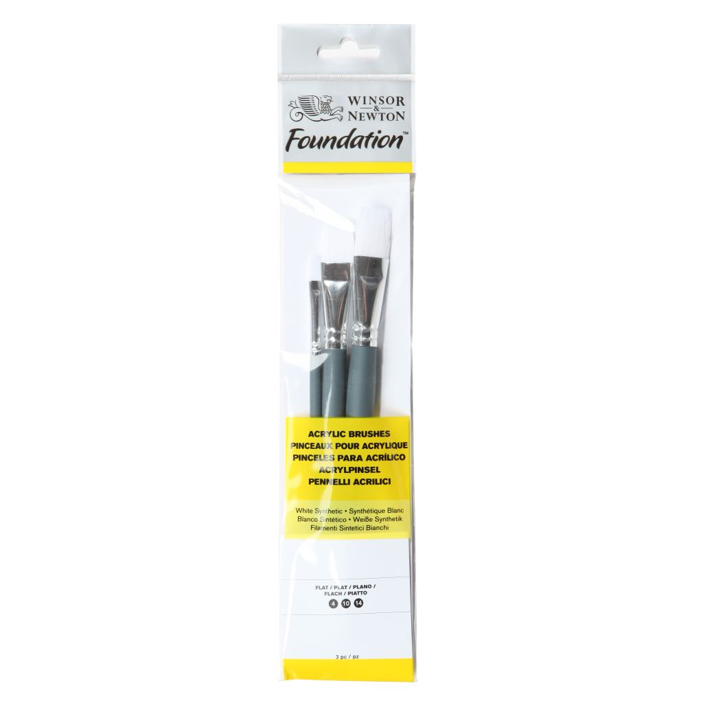 Winsor & Newton Foundation Brush Set of 3 for Acrylics - White Synthetic - Flat 4, 10, 14 - Short Handle