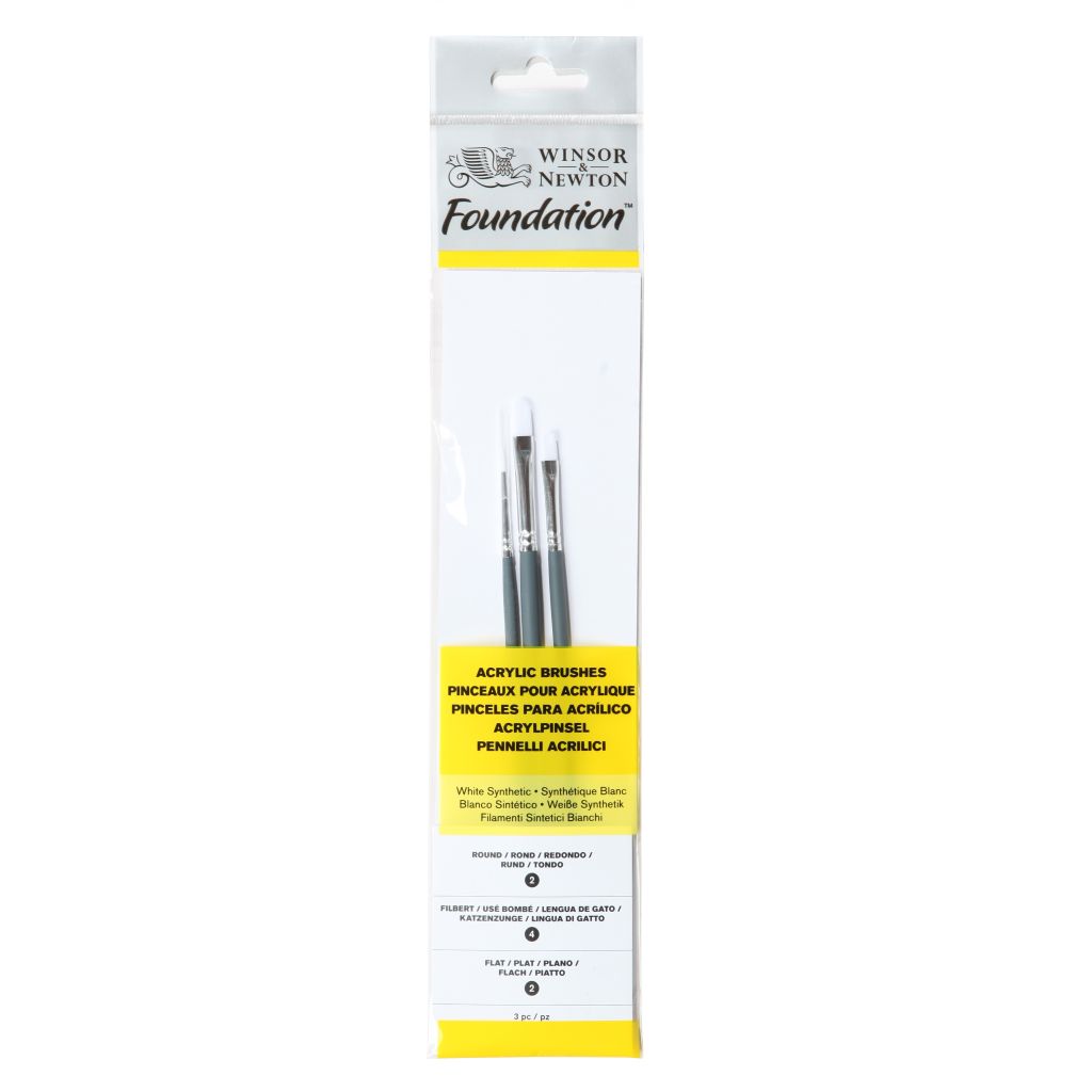 Winsor & Newton Foundation Brush Set of 3 - White Synthetic - Round (2), Filbert (4), Flat (2) - Short Handle