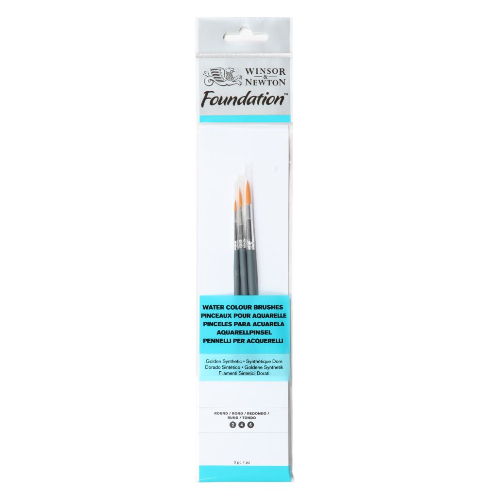 Winsor & Newton Foundation Brush Set of 3 for Watercolours - Golden Synthetic - Round 2, 4, 6 - Short Handle