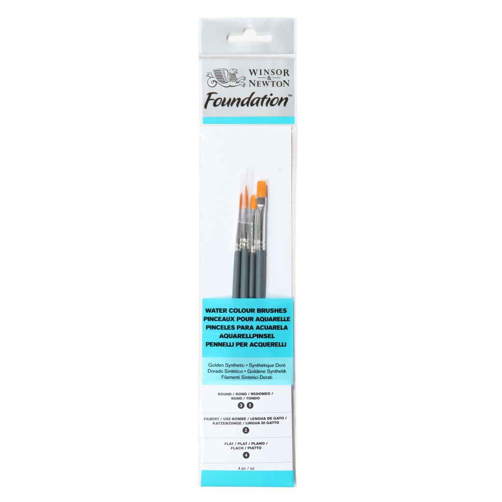 Winsor & Newton Foundation Brush Set of 4 - Golden Synthetic - Round (3,5), Filbert 2, Flat 4 - Short Handle