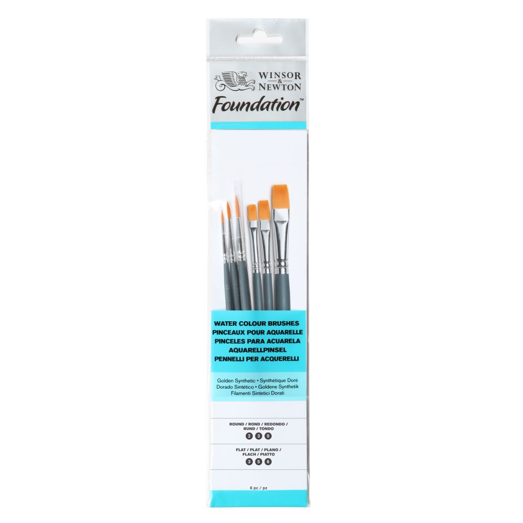 Winsor & Newton Foundation Brush Set of 6 - Golden Synthetic - Round (2,3,5), Flat (3,5,6) - Short Handle