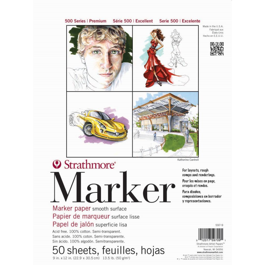 Strathmore 500 Series Marker 9''x12'' Semi-Transparent Extra Smooth 50 GSM Paper, Short-Side Tape Bound Pad of 50 Sheets