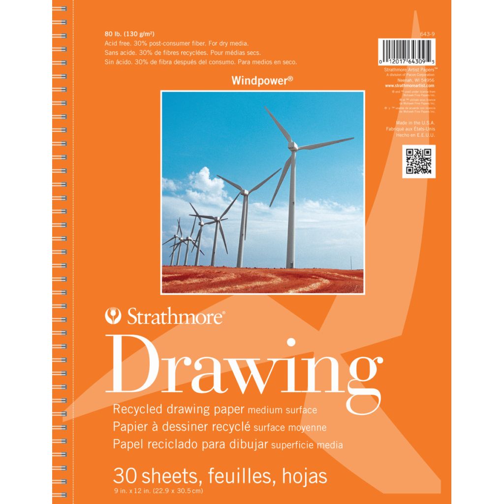 Strathmore Windpower Series Drawing 9'' x 12'' Bright White Medium Grain 130 GSM Long Side Spiral Pad of 30 Sheets