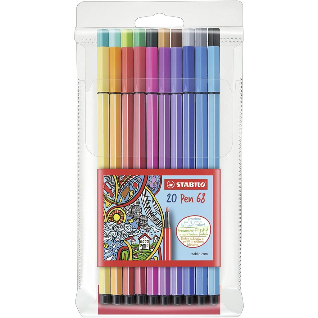 STABILO Pen 68 Premium Colouring Felt-Tip Pen Wallet of 20 Assorted  Colours