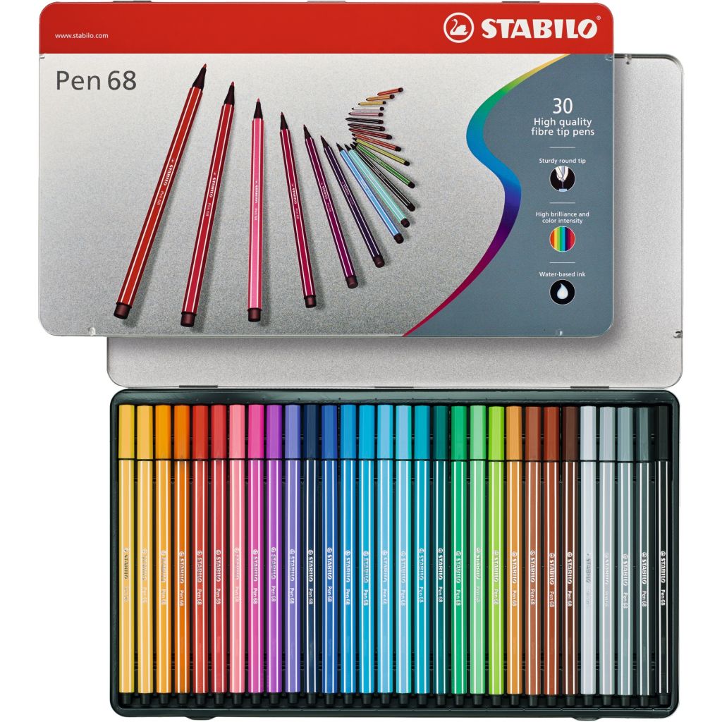 STABILO Pen 68 Felt-Tip Pen Metal Box 30 Assorted Colours