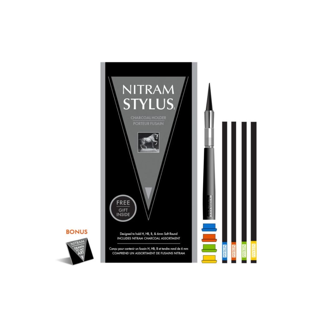 NITRAM Stylus (Charcoal Holder) - Set of 1 Natural Charcoal Stick Holder & 4 Charcoal Sticks - 1 Each of H, HB, B and B+