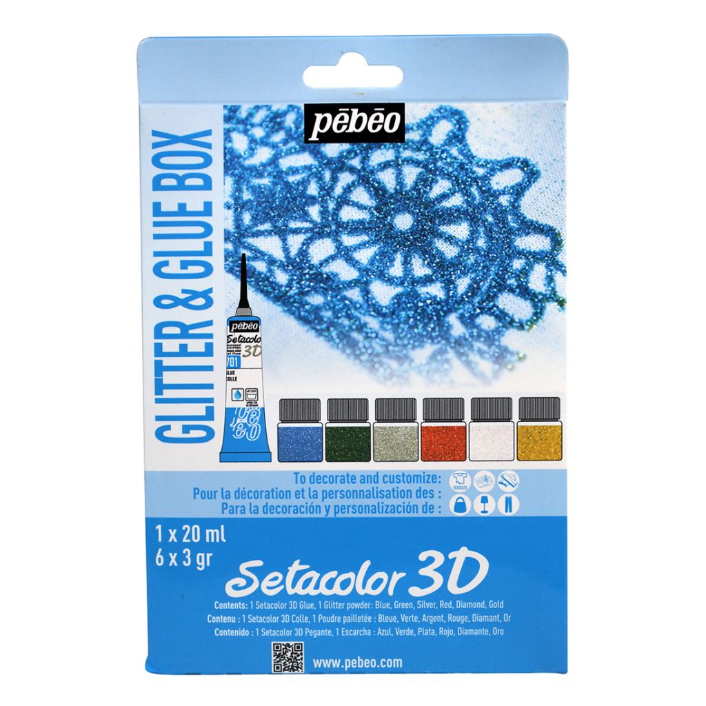 Pebeo Setacolor 3D - Set of 1 Glue (20 ml Tube) and 6 Glitter Powders