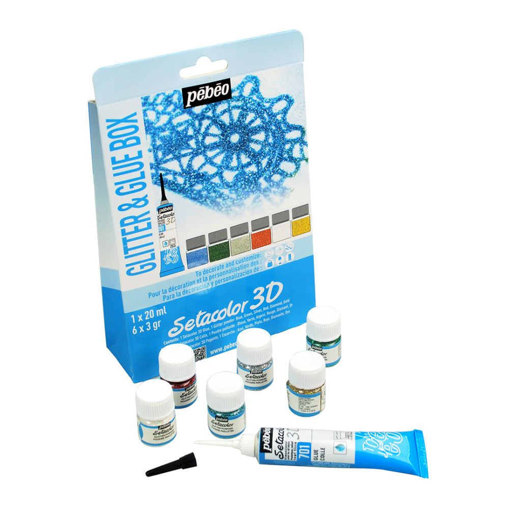 Pebeo Setacolor 3D - Set of 1 Glue (20 ml Tube) and 6 Glitter Powders