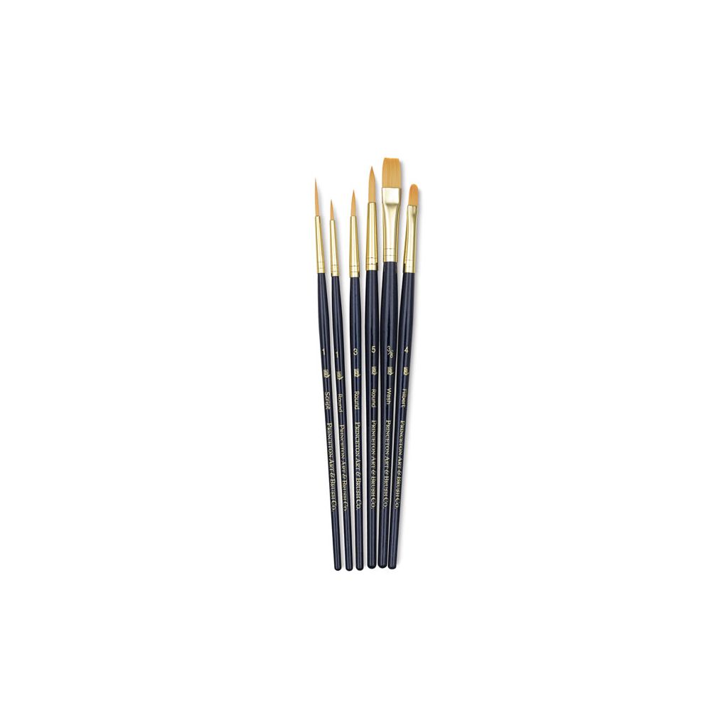 Princeton Real Value Brush Set of 6 - Synthetic Hair - Golden Taklon - Round 1, 3 & 5, Filbert 4, Script 1, Wash 3/8 - Short handle