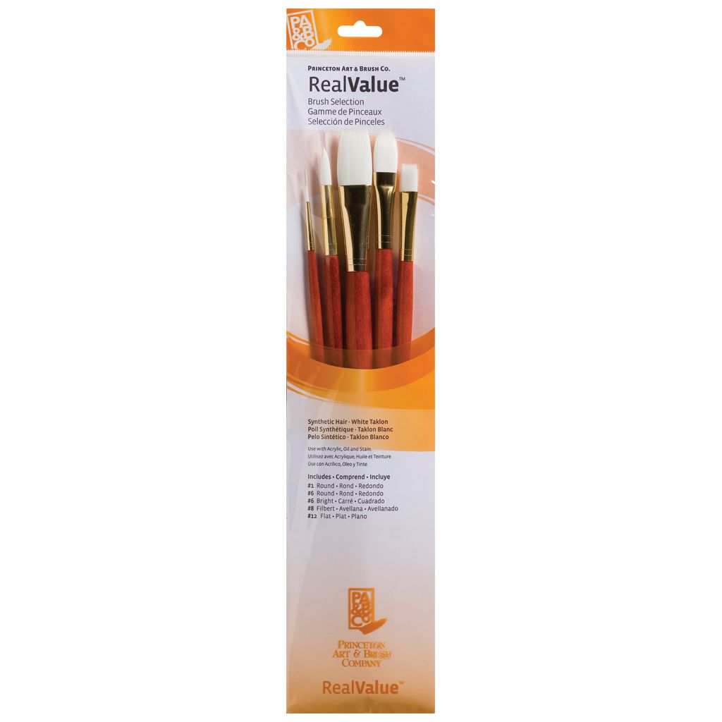 Princeton Real Value Brush Set of 5 - Synthetic Hair - White Taklon -  Round 1 & 6, Bright 6, Filbert 8, Flat 12 - Long Handle