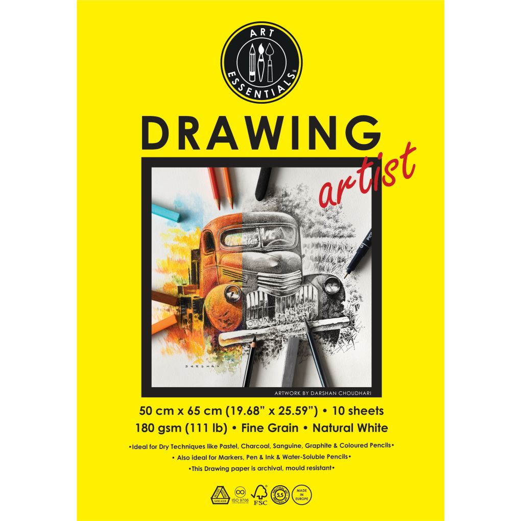 Art Essentials Drawing Artist (50 cm x 65 cm) Natural White Fine Grain 180 GSM Paper, Polypack of 10 Sheets