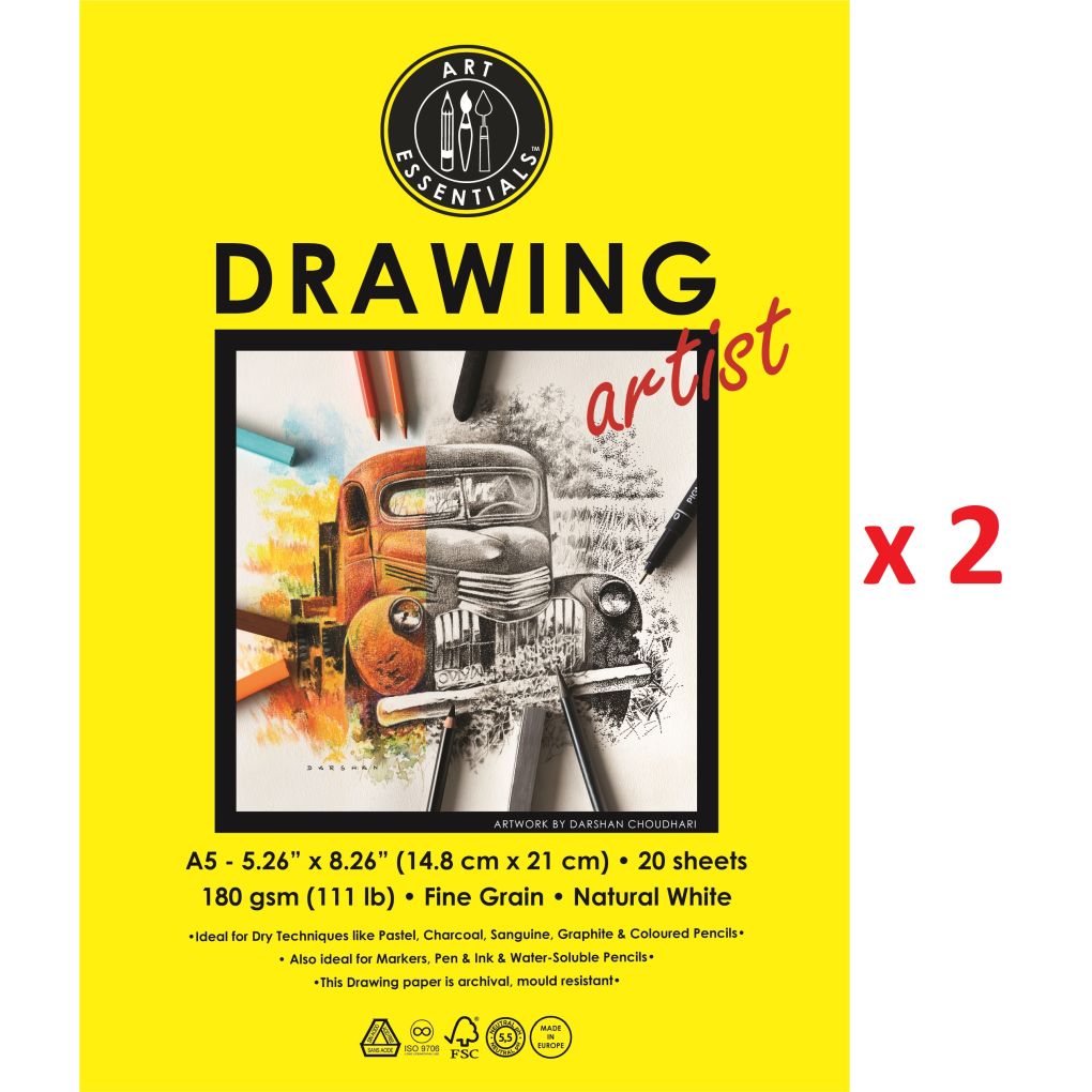 Art Essentials Drawing Artist A5 (14.8 cm x 21 cm) Natural White Fine Grain 180 GSM Paper, Polypack of 40 Sheets