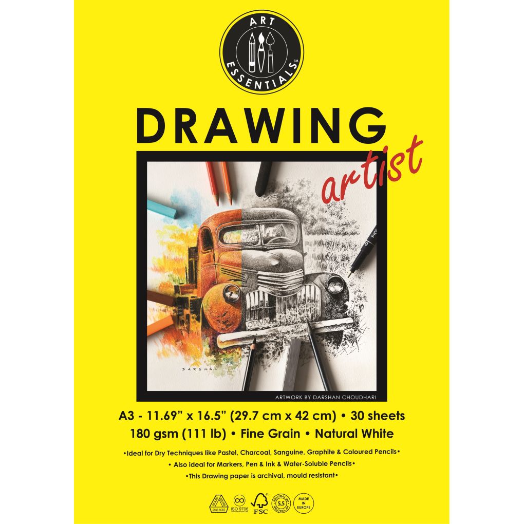 Art Essentials Drawing Artist A3 (29.7 cm x 42 cm) Natural White Fine Grain 180 GSM Paper Short- Side Glued, Pad of 30 Sheets