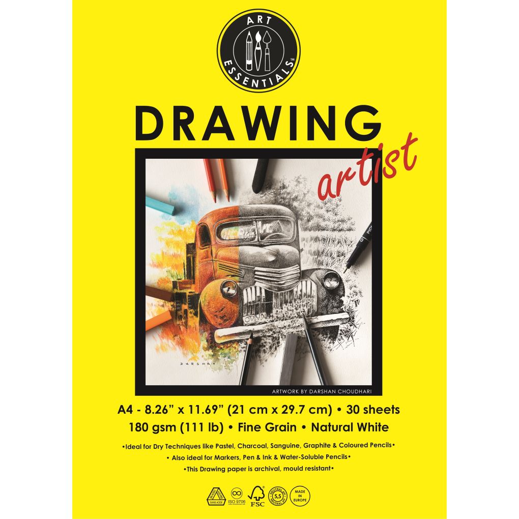 Art Essentials Drawing Artist A4 (21 cm x 29.7 cm) Natural White Fine Grain 180 GSM Paper Short- Side Glued, Pad of 30 Sheets