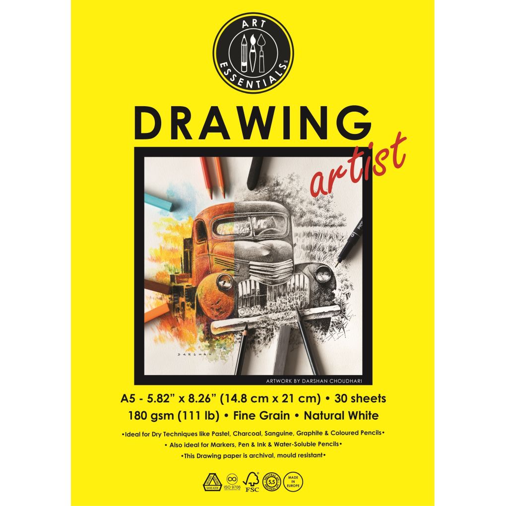 Art Essentials Drawing Artist A5 (14.8 cm x 21 cm) Natural White Fine Grain 180 GSM Paper Short- Side Glued, Pad of 30 Sheets