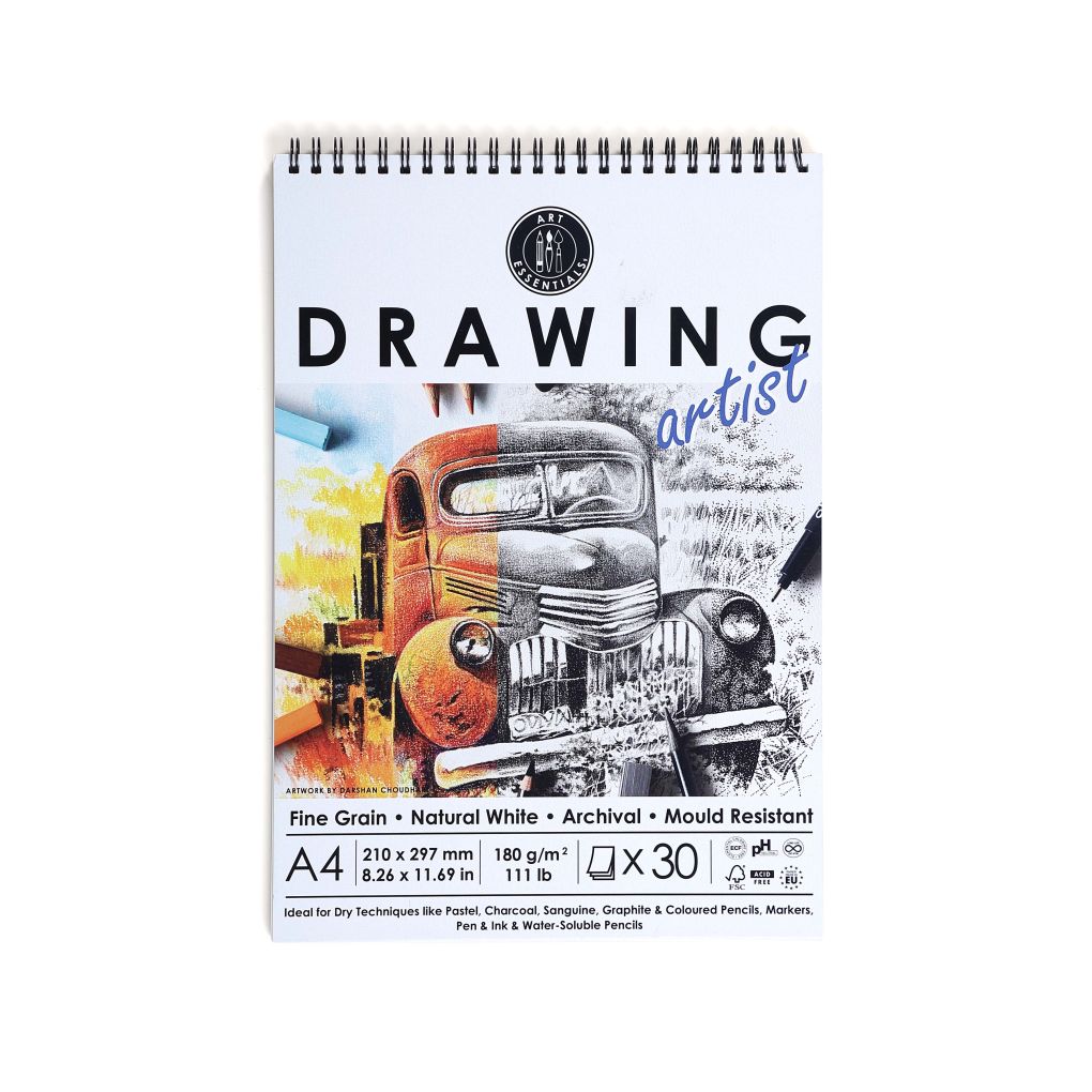 Art Essentials Drawing Artist A4 (21 cm x 29.7 cm) Natural White Fine Grain 180 GSM Paper Short- Side Glued, Spiral Pad of 30 Sheets