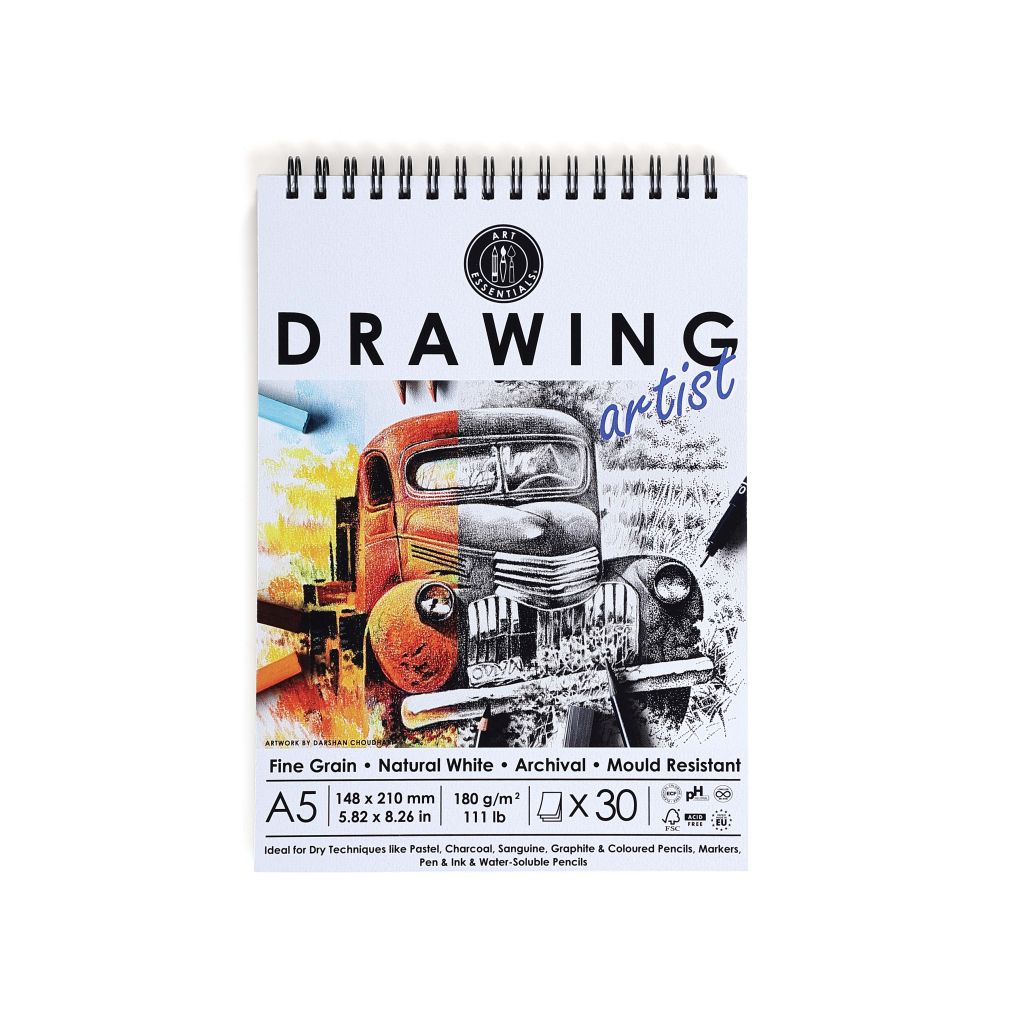 Art Essentials Drawing Artist A5 (14.8 cm x 21 cm) Natural White Fine Grain 180 GSM Paper Short- Side Glued, Spiral Pad of 30 Sheets