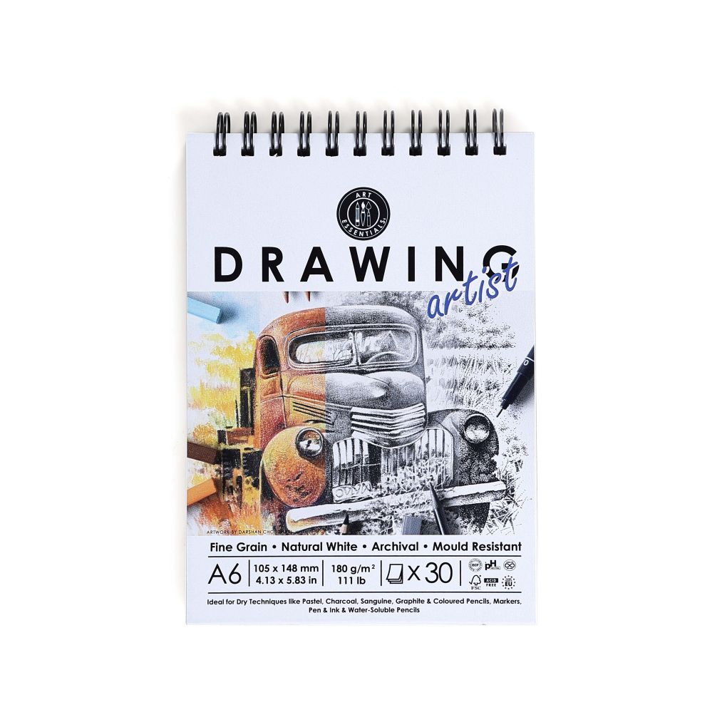 Art Essentials Drawing Artist A6 (10.5 cm x 14.8 cm) Natural White Fine Grain 180 GSM Paper Short- Side Glued, Spiral Pad of 30 Sheets