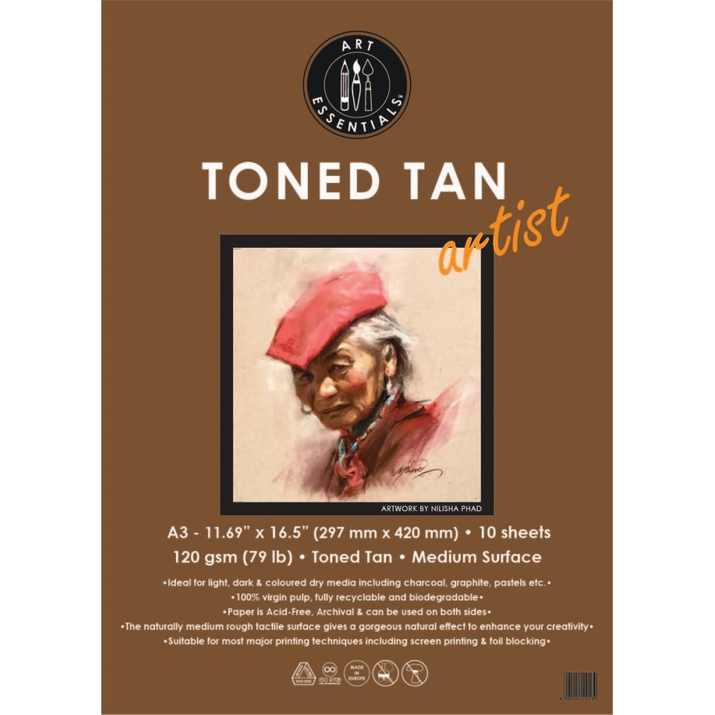 Art Essentials Toned Tan Artist Sketching Paper - Medium Surface 120 GSM - A3 - Polypack of 10 Sheets