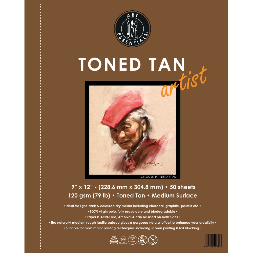 Art Essentials Toned Tan Artist Sketching Paper - Medium Surface 120 GSM - 22.8 x 30.4 cm or 9 x 12