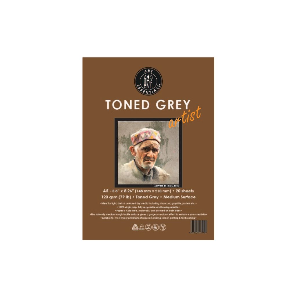 Art Essentials Toned Grey Artist Sketching Paper - Medium Surface 120 GSM - A5 - Polypack of 20 Sheets