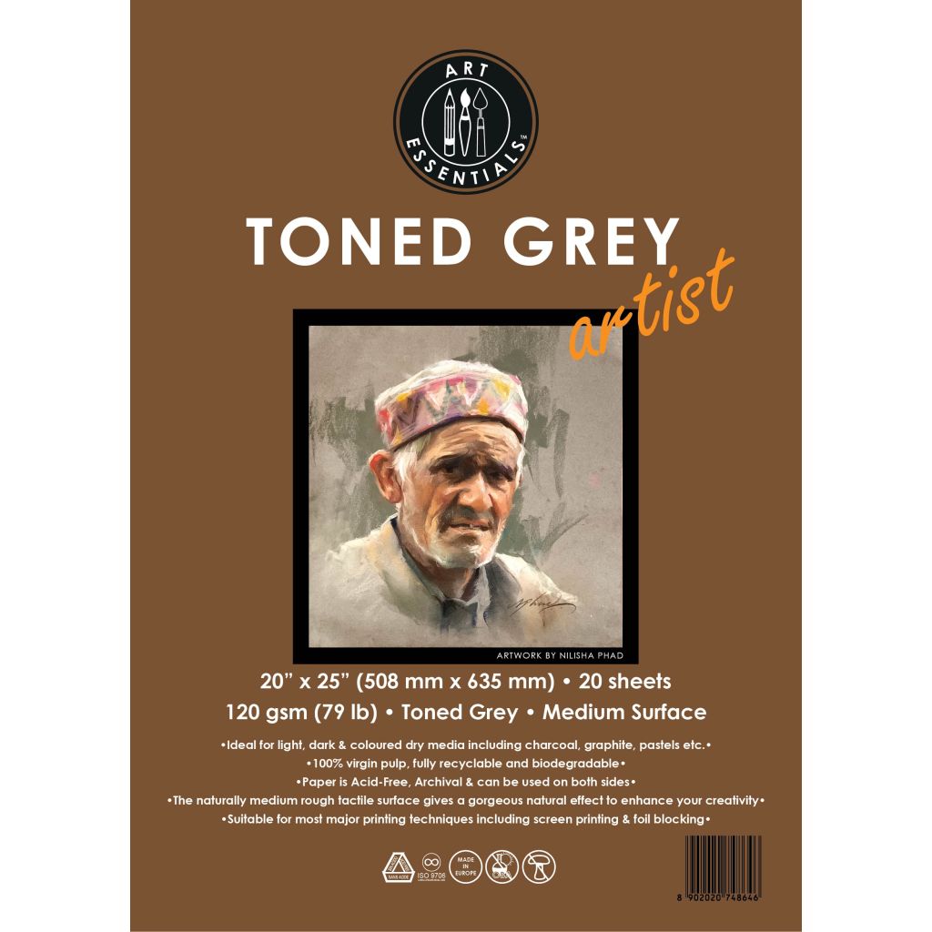 Art Essentials Toned Grey Artist Sketching Paper - Medium Surface 120 GSM - 50.8 x 63.5 cm or 20 x 25