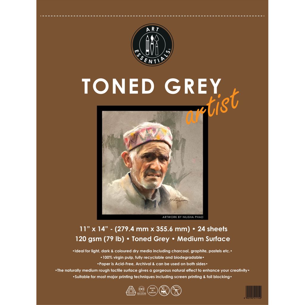 Art Essentials Toned Grey Artist Sketching Paper - Medium Surface 120 GSM - 27.9 x 35.5 cm or 11 x 14